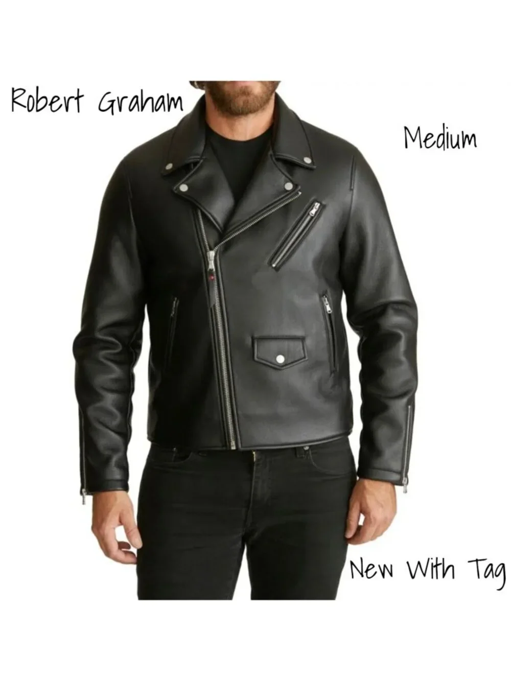 Robert Graham Men's Black Vegan Leather Moto Jacket - New with Tags, Size Medium